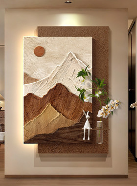 中古风水培绿植入户玄关装饰画背有靠山走廊挂画立体砂岩带灯壁画