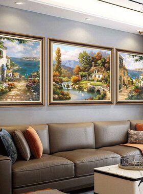 客厅装饰画美式壁画三联餐厅正品油画肌理山水风景沙发背景墙挂画