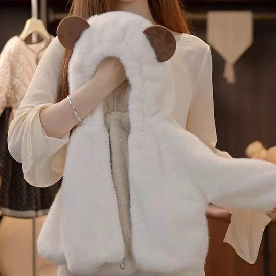 Girls mink fur cotton-padded jacket little girl 2025 new rabbit plush coat female and male baby plus velvet hooded fashionable winter