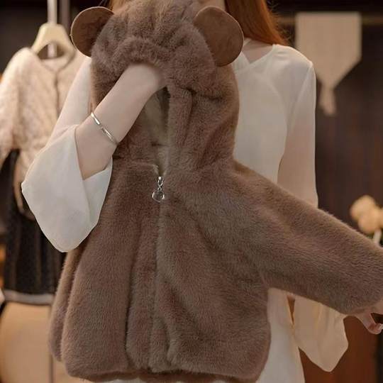 Girls mink fur cotton-padded jacket little girl 2025 new rabbit plush coat female and male baby plus velvet hooded fashionable winter