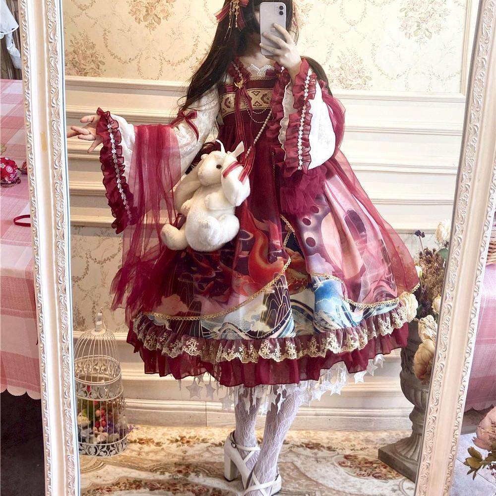 lolita新年汉元素中华风蛟龙戏珠大唐襦裙网纱op连衣裙超仙仙女裙