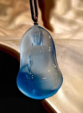 高冰蓝水观音吊坠危料翡翠石英岩石观世菩萨冰种素衣观音项链挂件