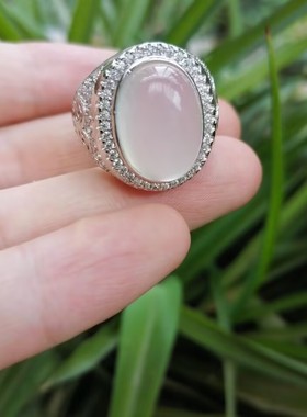 新中式镶嵌白玛瑙食指大戒指复古国风大气椭圆宽面个性开口指环