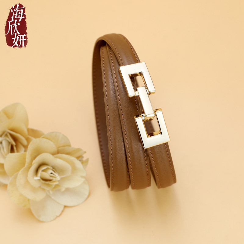 小腰带女真皮牛皮棕色时尚百搭细窄皮带装饰配连衣裙裤带束腰正品 - 图2