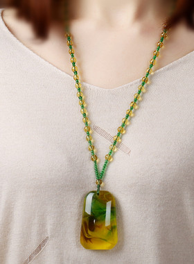 民族风蜜蜡项链长款绿幽灵琥珀葫芦吊坠衣服配饰复古百搭毛衣链