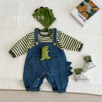 ins infant solid dinosaur washed denim conjoined back belt pants male and female baby cute foreign air out pants