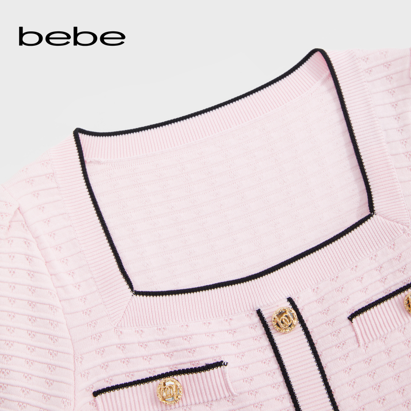 bebe春夏系列短款方领撞色长袖针织连衣裙130904 - 图2