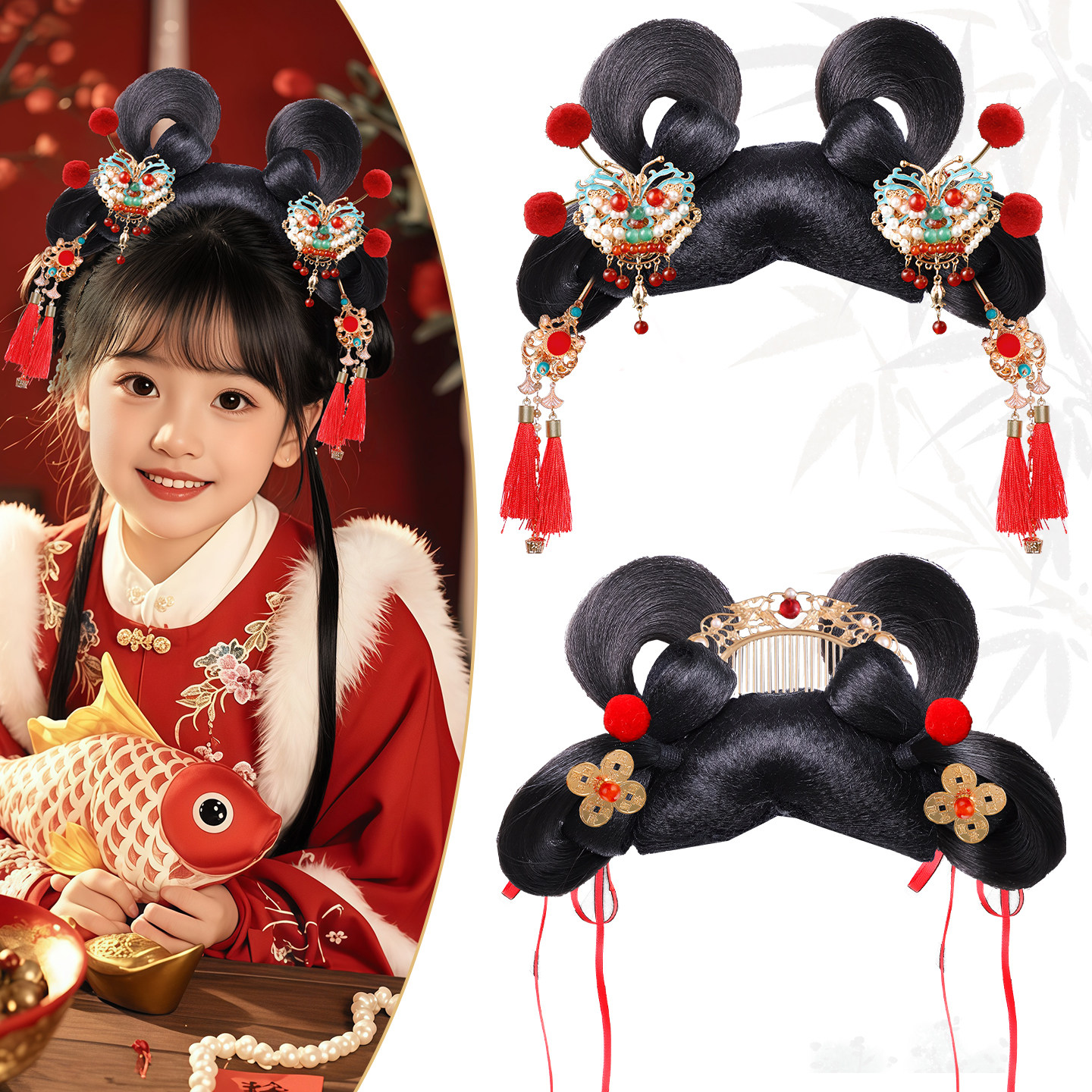 古风汉服头饰假发包女童一体式发髻可爱毛茸茸发夹子造型演出发饰,淘宝优惠券,粉丝福利购,淘宝优惠卷