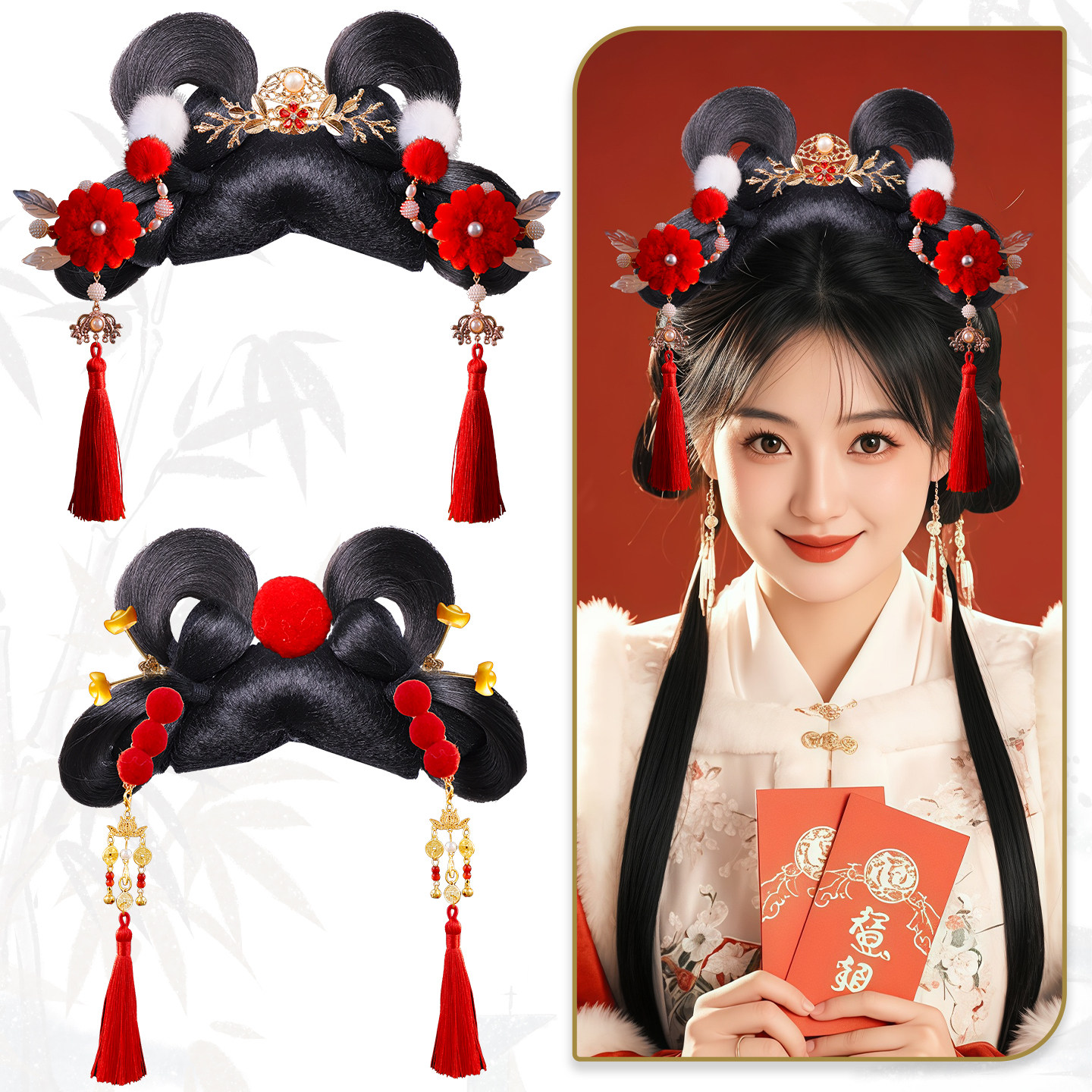 古风发髻假发包古装汉服造型甜美少女花朵果子流苏头饰演出假发,淘宝优惠券,粉丝福利购,淘宝优惠卷