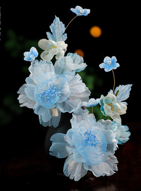 古风清冷蓝花烫花绢纱对夹发夹