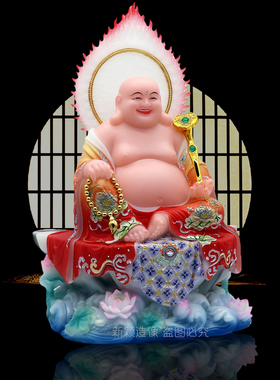 汉白玉彩绘大肚笑佛招财摆件
