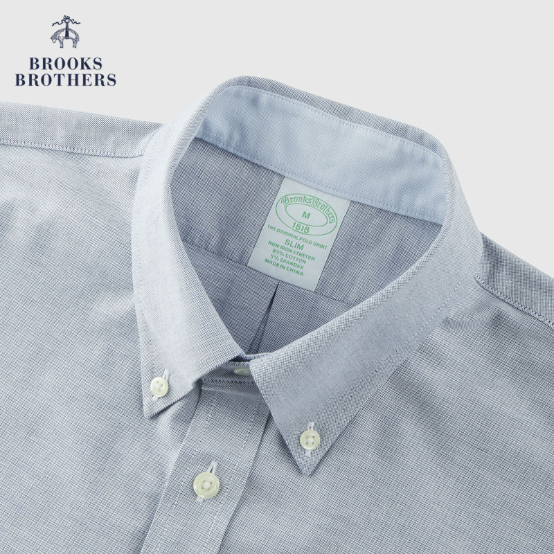 Brooks Brothers/布克兄弟男士夏扣结领纯色免烫短袖休闲衬衫-图1