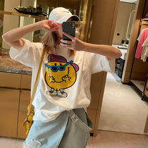 chic korea east great door summer loose casual cartoon fun printed white short sleeve T-shirt woman medium long version half sleeve