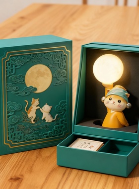 新中式猫主题树脂发光桌面摆件