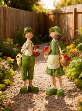 田园卡通手绘树脂摆件一对礼盒