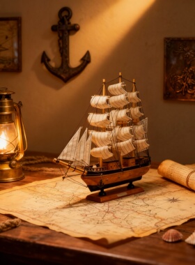 复古木质三桅帆船模型摆件