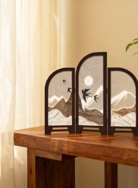 新中式山水木质三扇折叠屏风可发