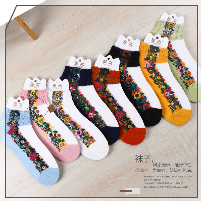 袜子女冰丝夏季复古花边短筒日系水晶船袜棉底防勾丝薄款浅口碎花 - 图3