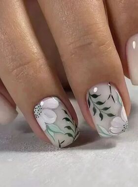 24pcs Short Square Amber Flower Fake Nail with Glue Wearable