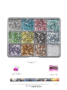 12Grids 6000pcs 3D Resin Nail Art Rhinestones with Tools 2mm