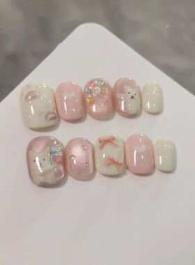 10pcs Handmade Press-On Nails Set - Cute Cat Bow Tie Love De