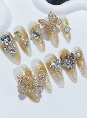 10Pcs Handmade Nails Set Press on Long Almond False Nail wit