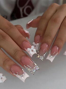 24pcs Long Square Press on Nails Wearable Butterfly Diamond