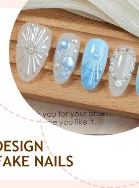 30PCS Blue Almond False Nails French Press on Nails Summer S