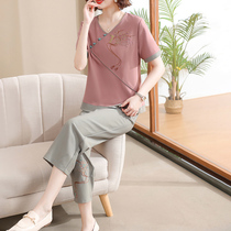 Lunar title Mom summer fit short sleeve T-shirt suit 2023 new middle aged woman dress casual blouse two-piece set