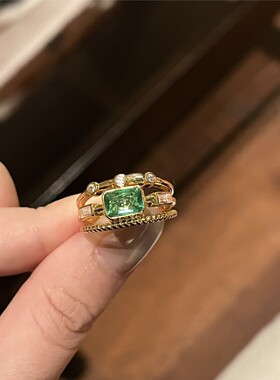 法式宫廷微镶绿锆开口食指戒女