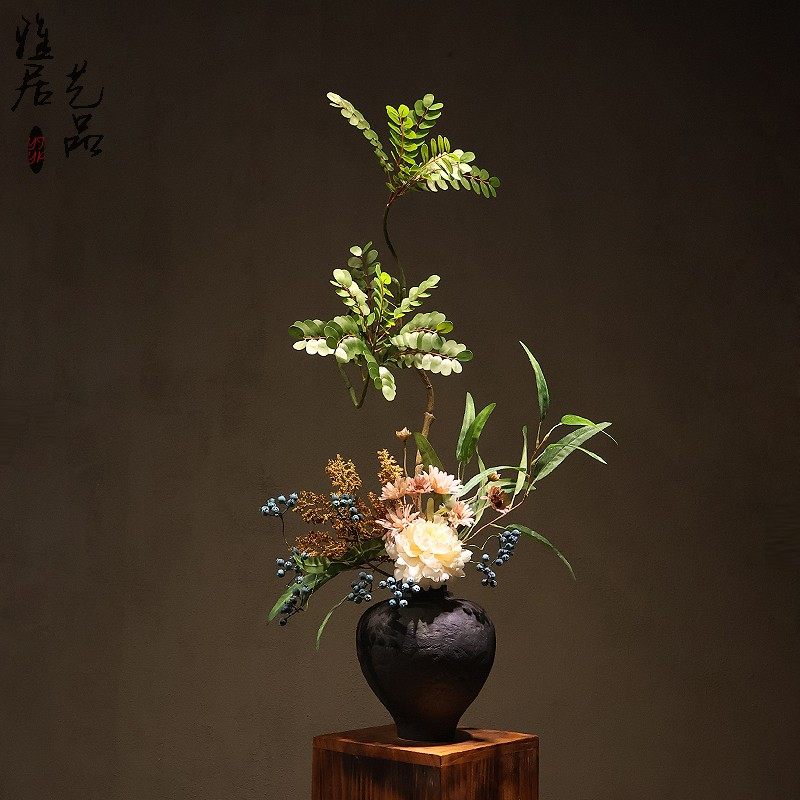 新中式陶瓷花瓶摆件侘寂风禅意南天竹高级感玄关茶室民宿酒店装饰,淘宝优惠券,粉丝福利购,淘宝优惠卷