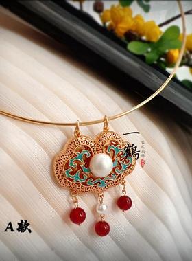 原创【福兮】国风仿点翠景泰蓝平安锁古风项圈璎珞明制汉服长命锁