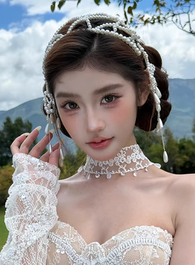 韩系新娘复古珍珠水滴流苏发箍