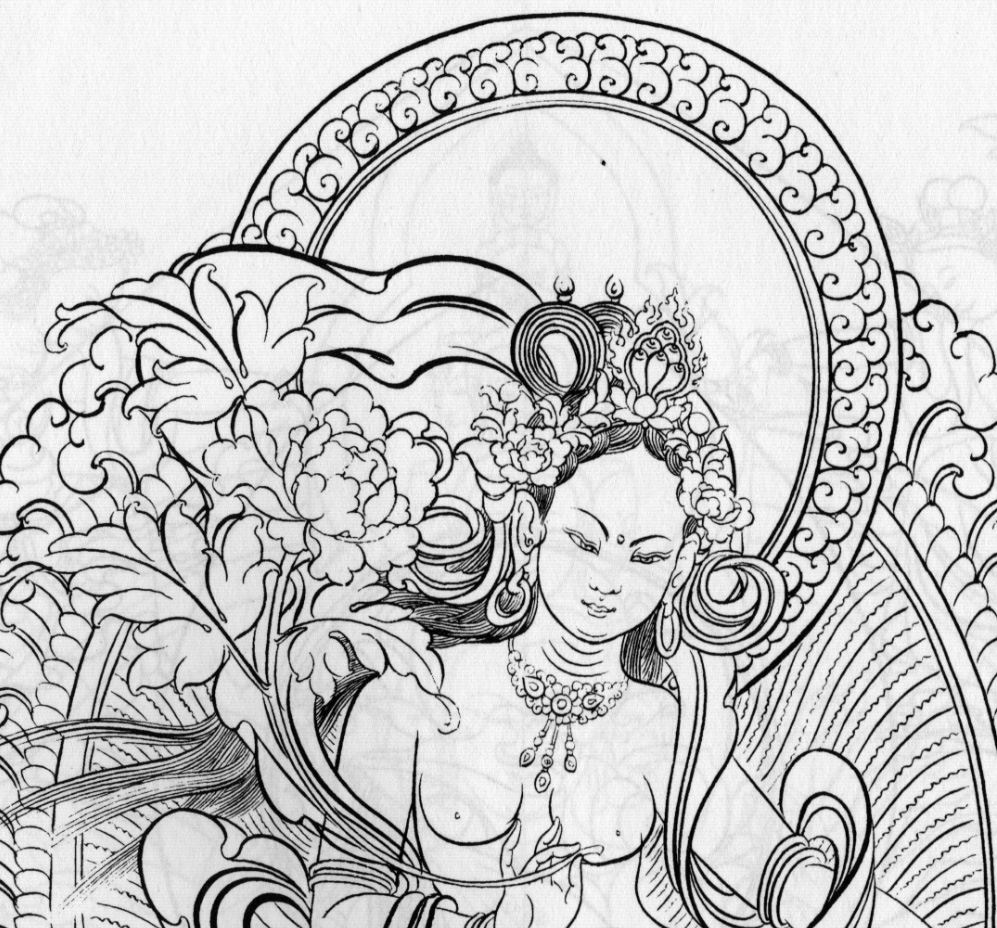 西藏唐卡涂色描金线稿 绿度母立线 静心减压手绘唐卡填色描金 - 图0