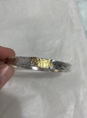手工999纯银石纹贴金开口手镯