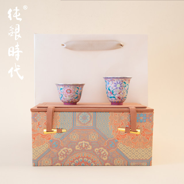 ເງິນ Sterling ຍຸກ porcelain ຫໍ່ເງິນ enamel ຈອກ double ສໍາລັບການໃຫ້ຂອງຂວັນ
