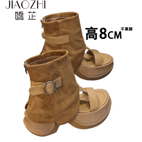 内增高女鞋8cm厚底马丁靴女夏季凉鞋小个子高跟短靴春夏烟筒靴-图2