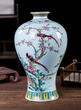 中式粉彩颜色釉陶瓷花瓶 景德镇瓷器摆件 家居客厅玄关工艺品礼品