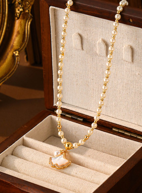 爆款天然贝母银杏叶项链女高级感串珠设计时尚轻奢吊坠颈链锁骨链