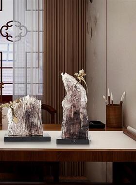 新中式轻奢软装样板间书房透明树脂假山石景铜鸟抽象雕塑装饰摆件
