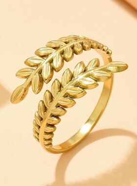 简约欧美开口可调节树枝叶子戒指女轻奢定制指环不掉色钛钢手饰