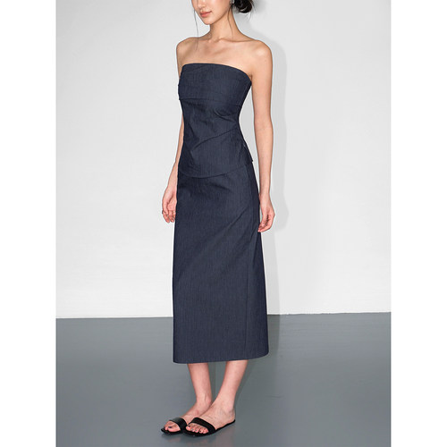 NEVA HU 老钱风抹胸上衣女无袖吊带背心高腰直筒半身裙两件套装 - 图1