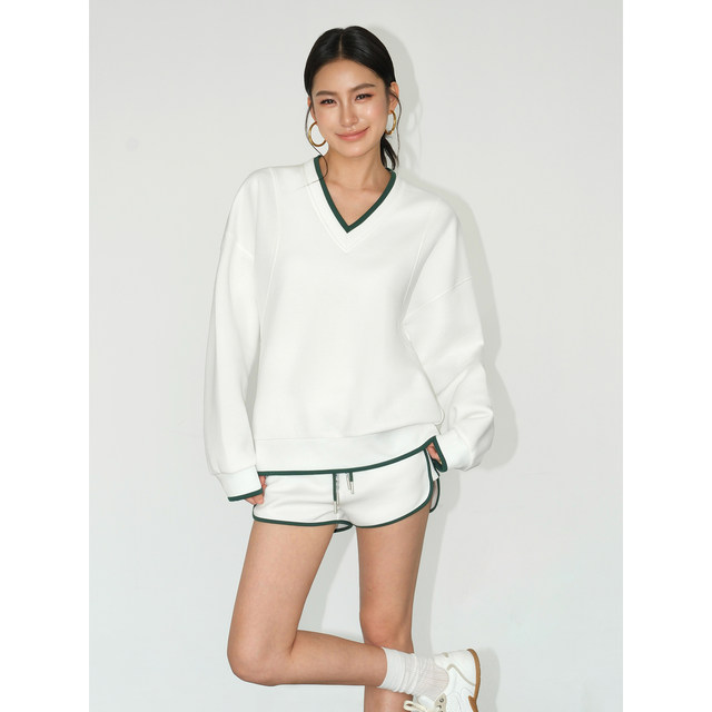 American retro contrast color v-neck pullover sweatshirt for women