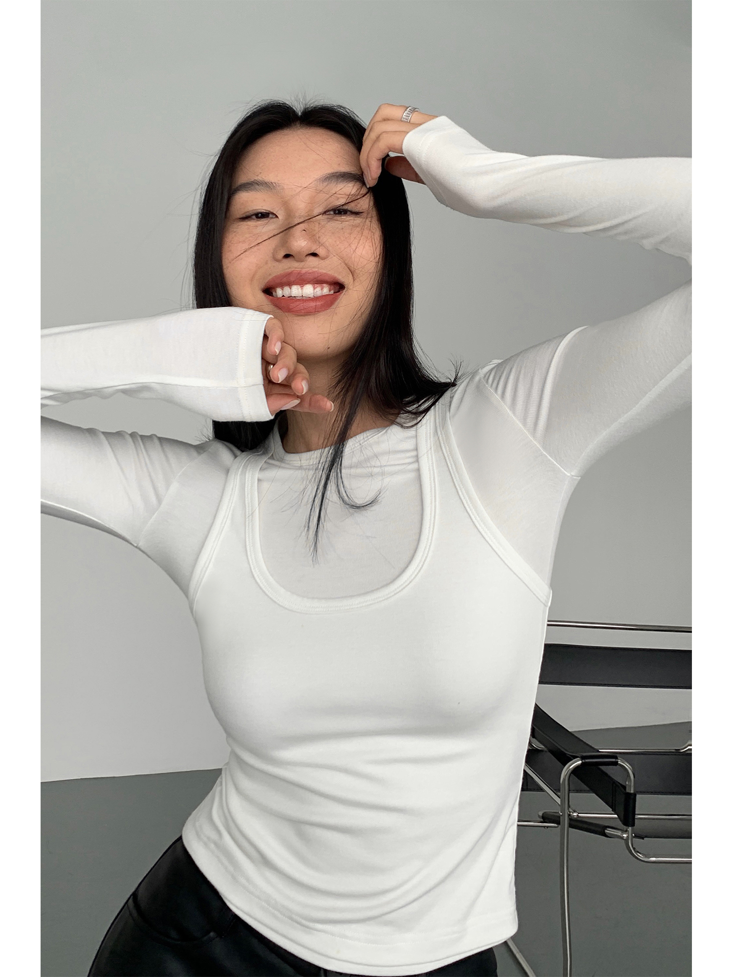 NEVA HU 白色两件长袖针织衫设计感小众修身显瘦百搭打底上衣女