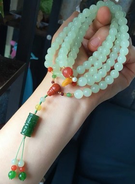 天然和田玉晴水料 8毫米 108颗佛珠 朝珠 手链 项链吊坠