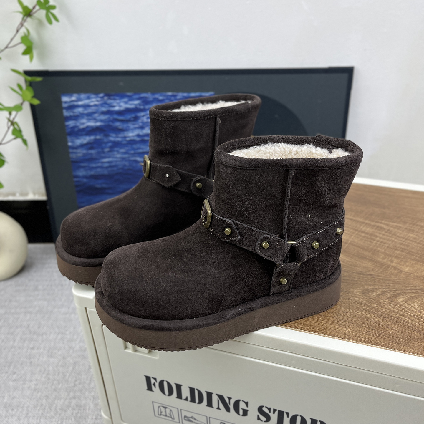 真皮厚底羊羔毛雪地靴女2025冬季新款加绒保暖皮带扣复古短靴棉鞋 - 图0