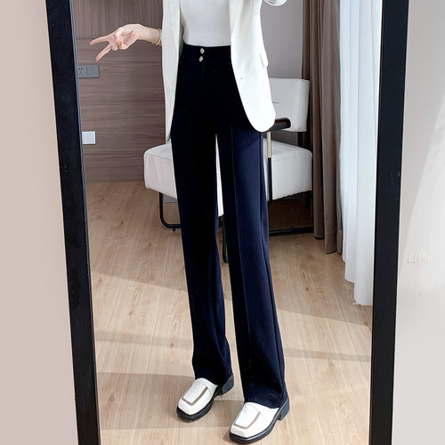 藏蓝色西装裤女秋季长裤垂坠抗皱休闲女裤职业西裤高腰窄版直筒裤 - 图2