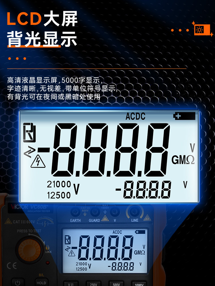 胜利绝缘电阻测试仪VC60B+VC60D+VC60E+VC60F数字兆欧表绝缘摇表 - 图0