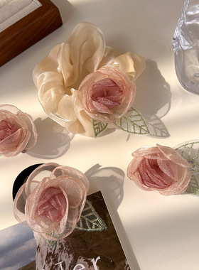 夏季仙女花朵森系粉色发夹气质温柔发圈头绳山茶花发饰胸针两用