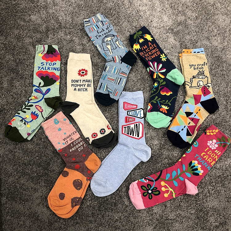 SOCK DAD现货BlueQ花袜子街头艺术手绘插画中筒长袜男女通用薄款 - 图0